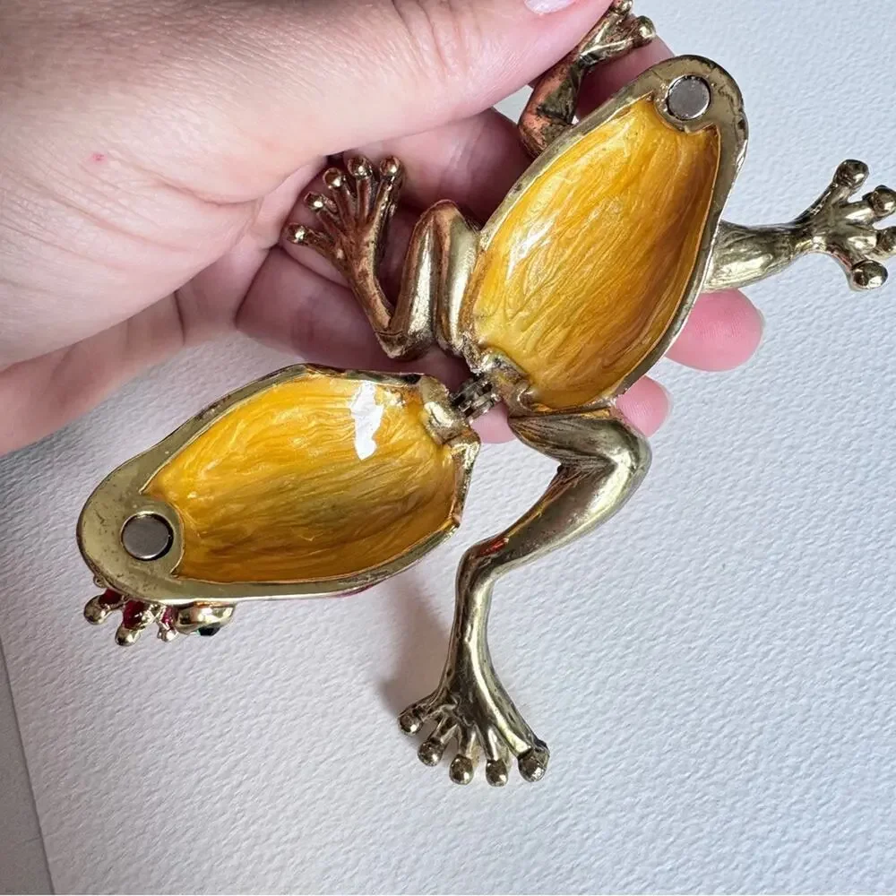 Vintage Gold Tone Brown Enamel Frog Prince Trinket Box Shelf Sitter